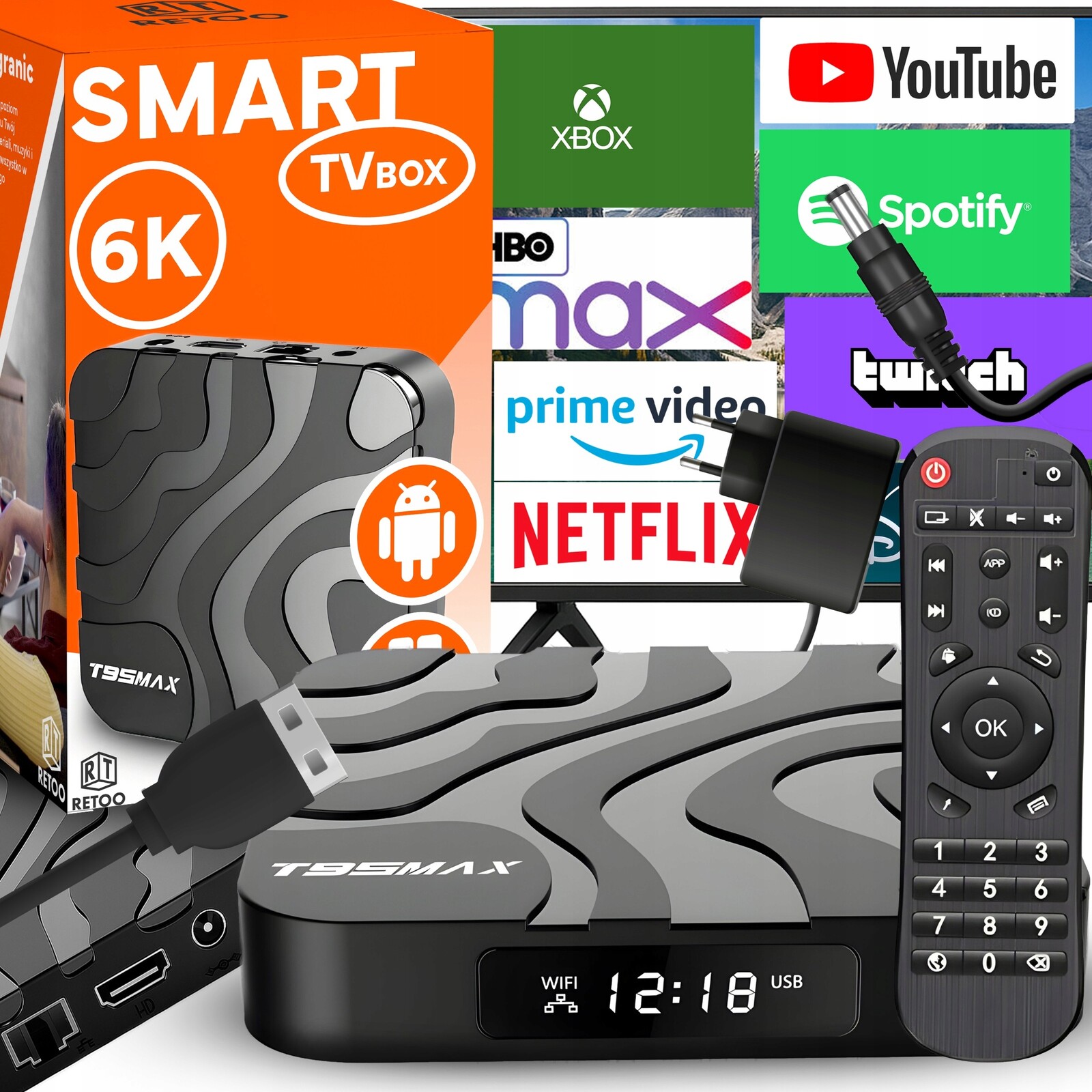 Smart Tv Box T95MAX Android 9 64BIT 6K Wifi Hdr Usb 3.0 Dálkový Ovladač Kabel Hdmi