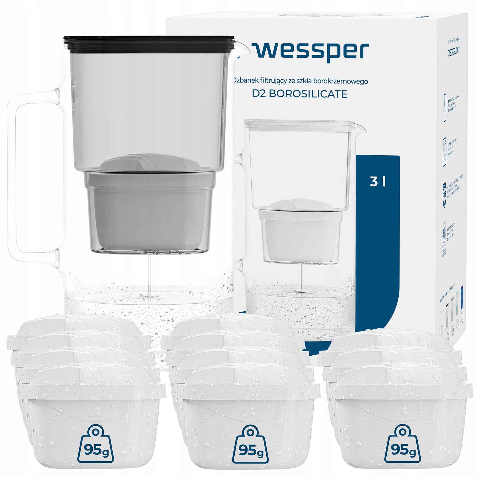 Skleněná filtrační konvice Wessper D2 Borosilicate 3 l černá 12x filtr