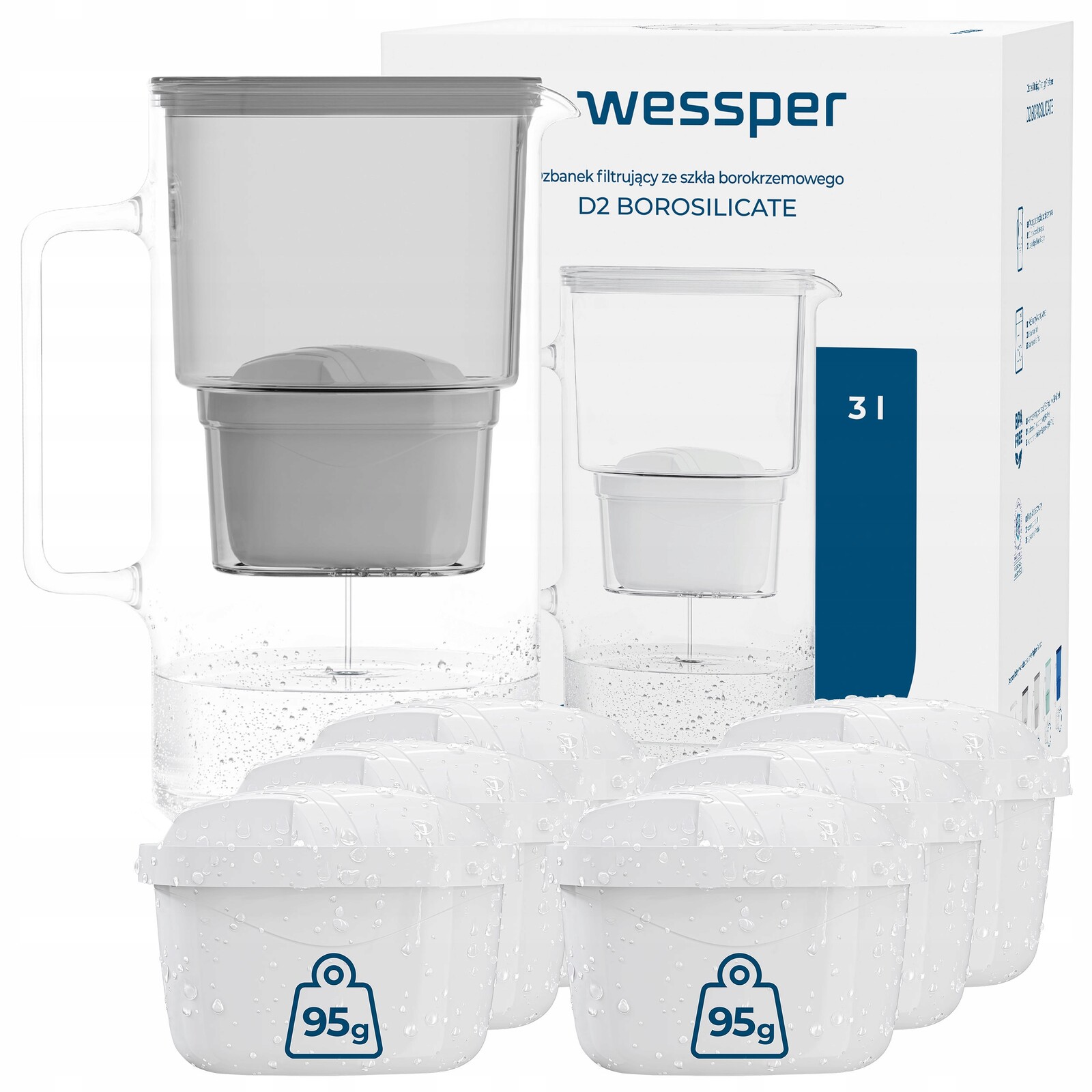 Skleněná filtrační konvice Wessper D2 Borosilicate 3 l šedá 7x filtr