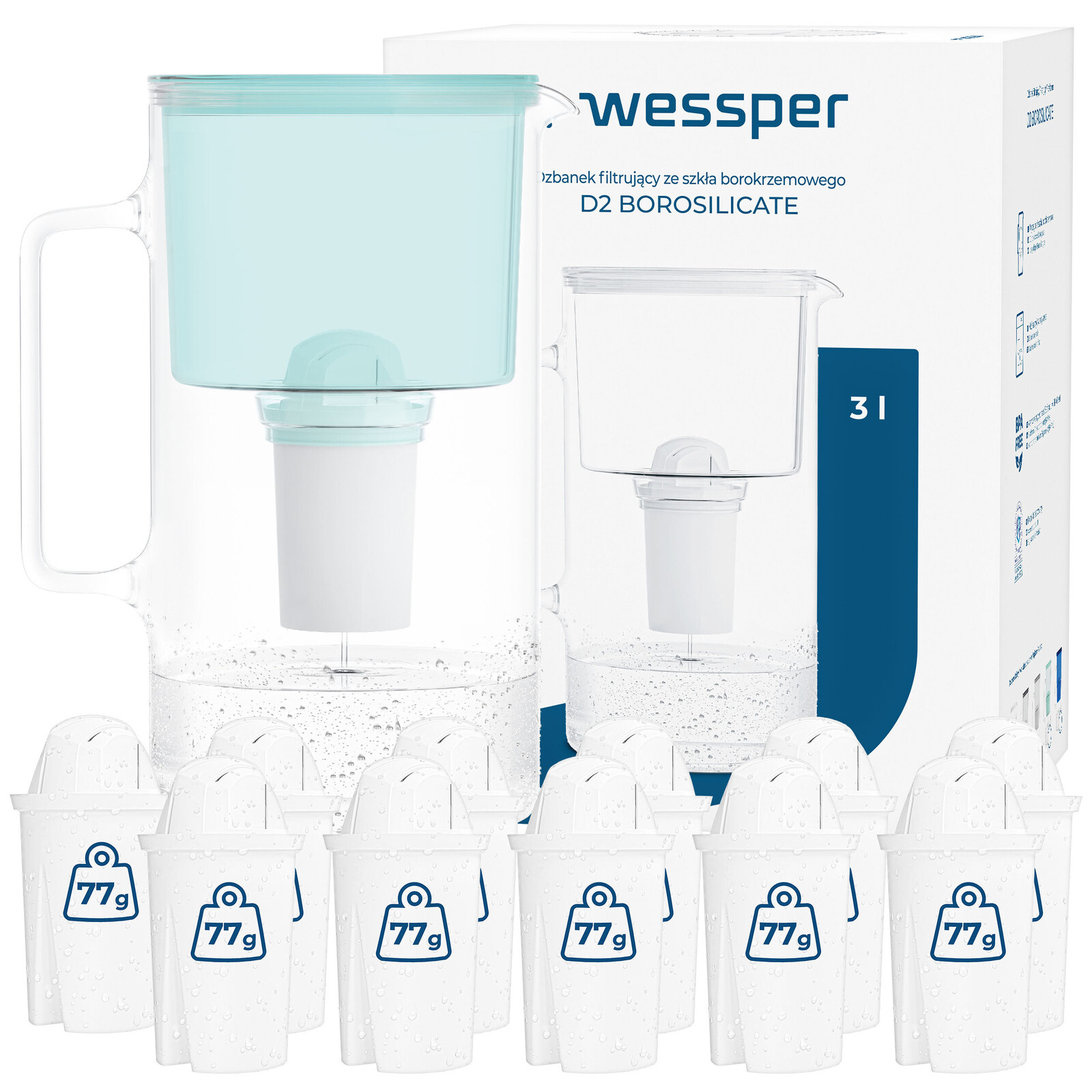 Skleněná filtrační konvice Wessper D2 Borosilicate 12x filtr AquaClassic