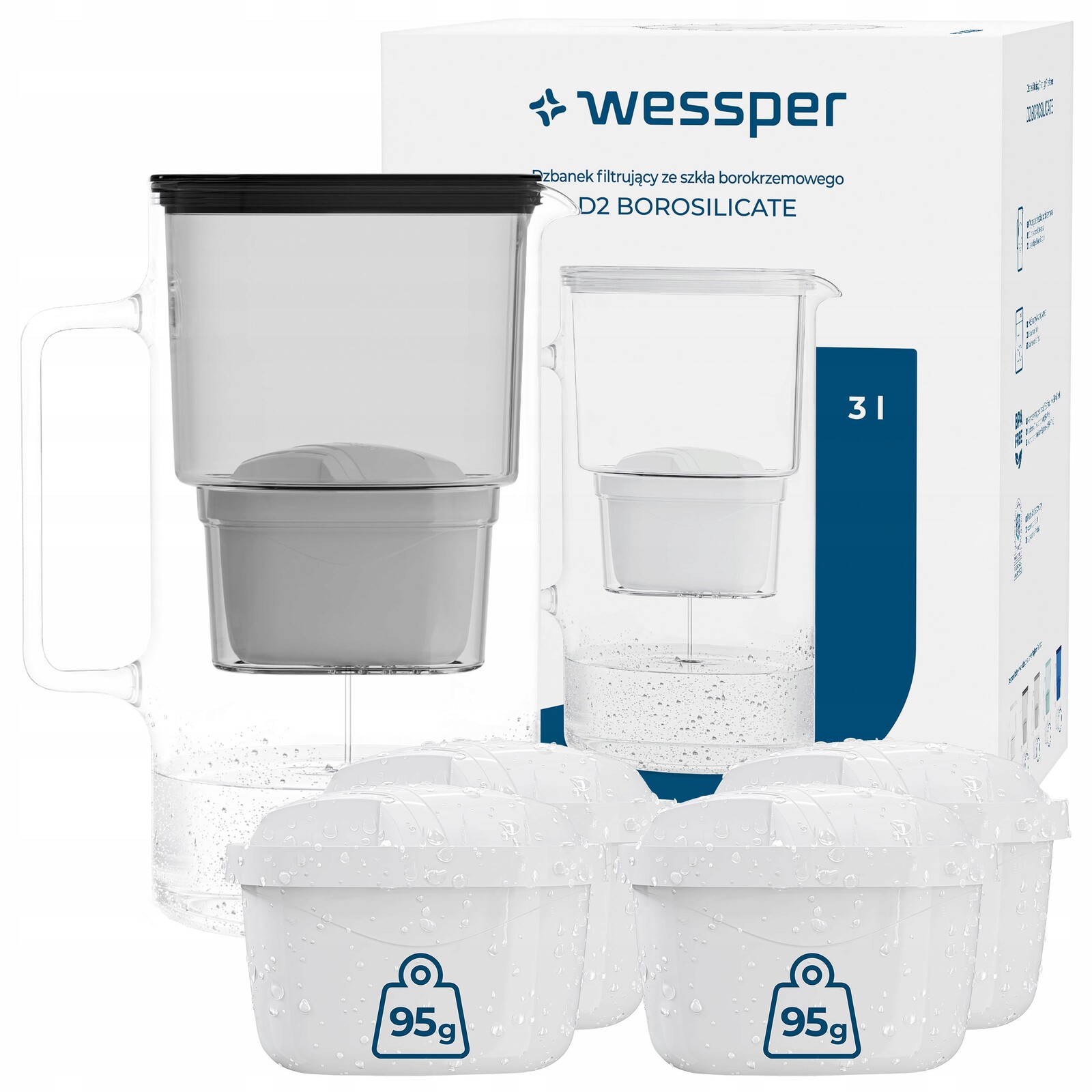Skleněná filtrační konvice Wessper D2 Borosilicate 3l černá 5x filtr