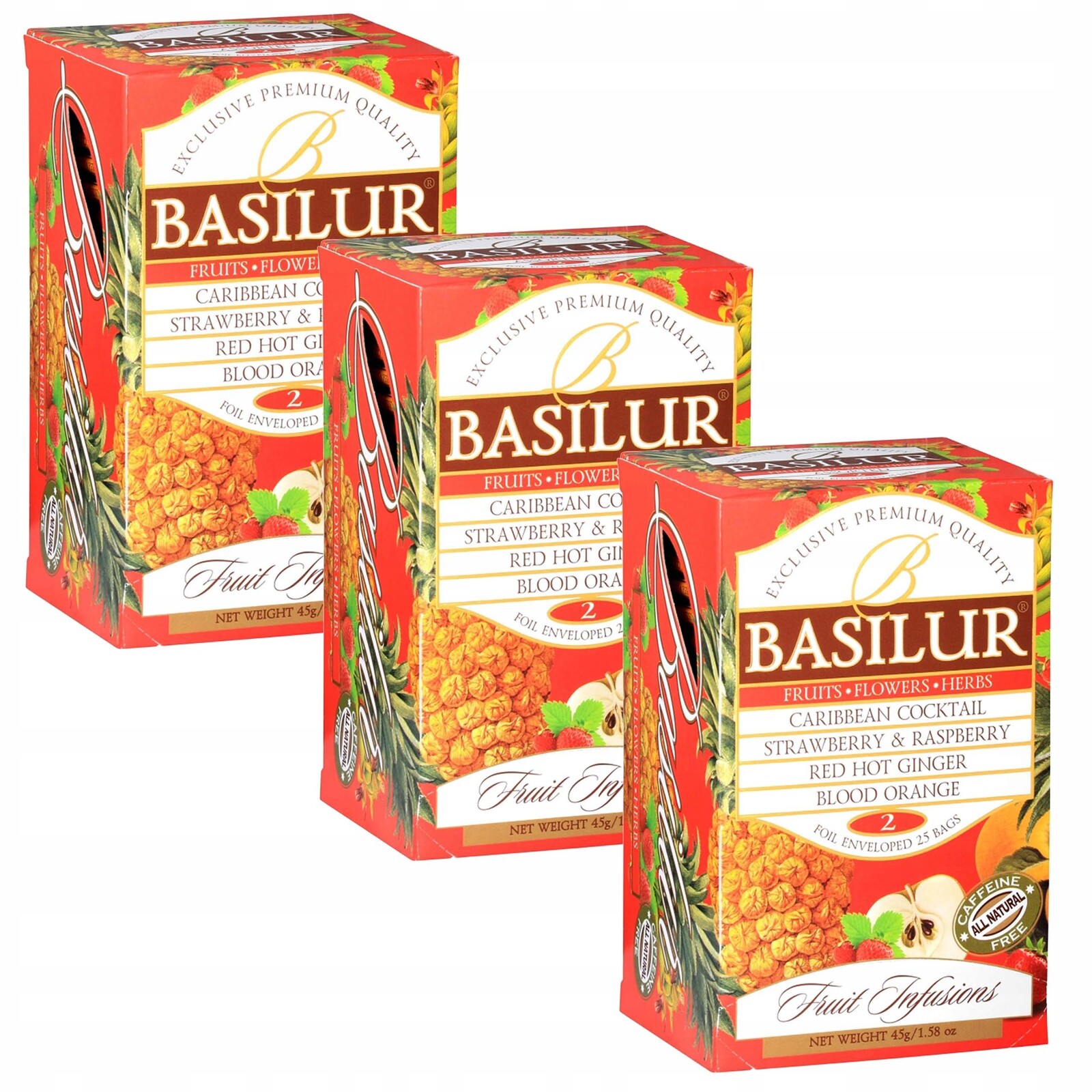 Basilur Fruit Infusions – ovocný čaj bez kofeinu, 4 příchutě 25 x 1,8 g x 3