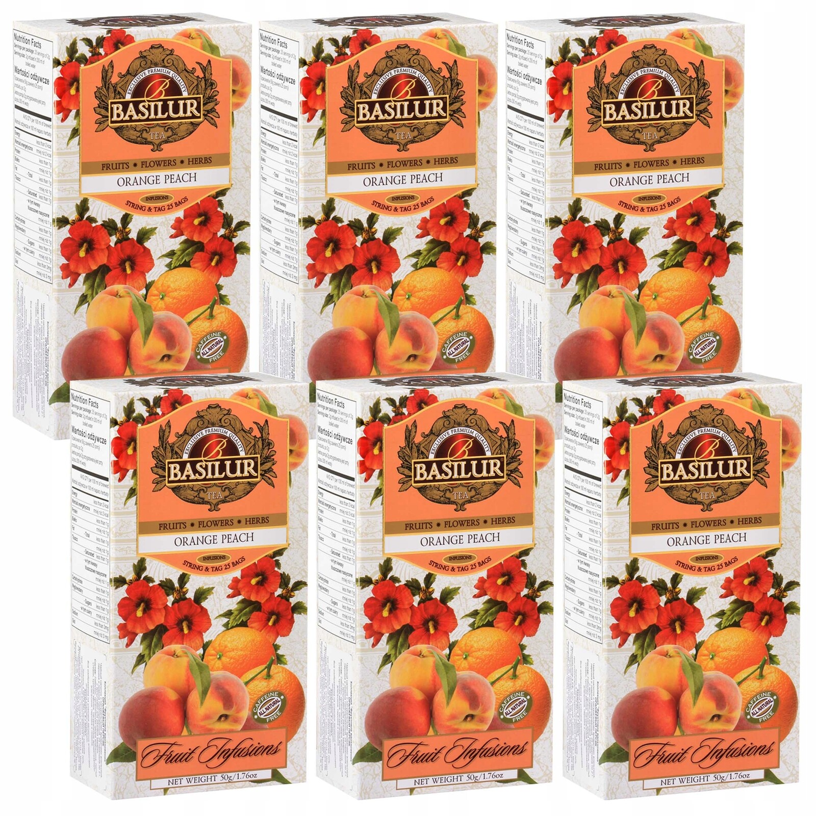 Basilur Fruit Infusions Ovocný čaj bez kofeinu, Orange Peach 25x2 g x6