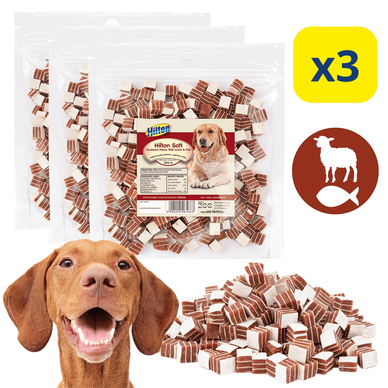 Sendvičové pamlsky pro psy z jehněčího masa a ryb Hilton XXL sada 3x500 g