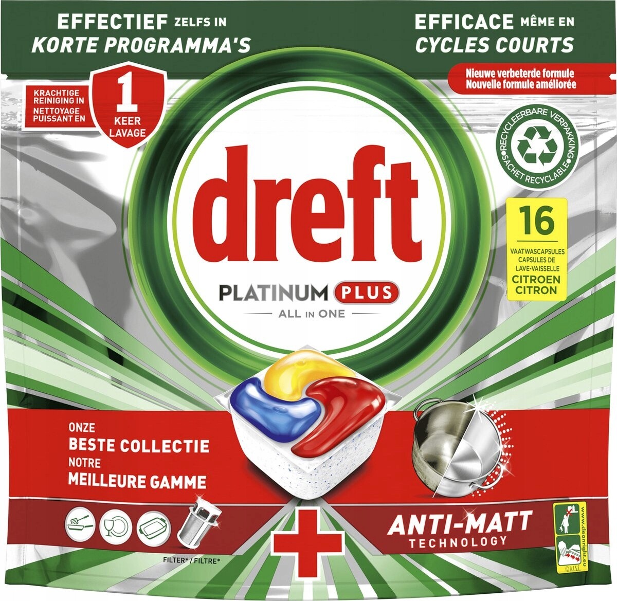 Dreft Platinum Plus All in One Anti-Matt kapsle do myčky nádobí 16 kusů