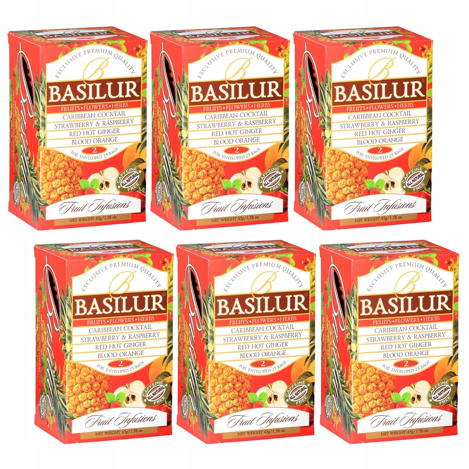 Basilur Fruit Infusions – ovocný čaj bez kofeinu, 4 příchutě 25 x 1,8 g x 6