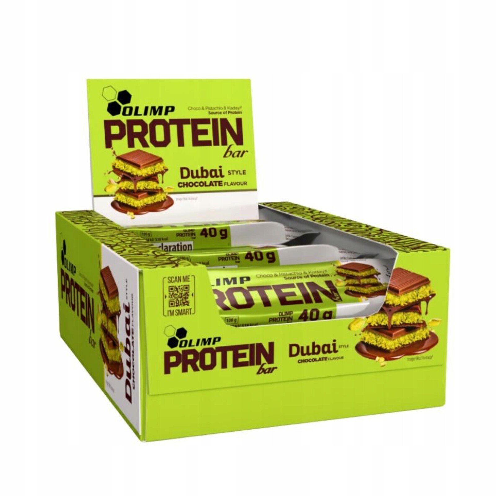 Tyčinka Protein Bar Dubai Chocolate 25 x 40 g Bílkoviny Kataifi pistácie Olimp