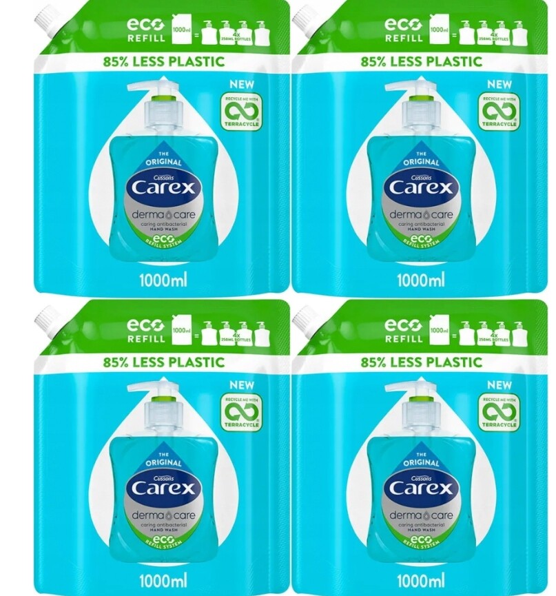 4X Carex Originální tekuté mýdlo Antibakteriální 1000 ml Náhradní náplň Derma Care
