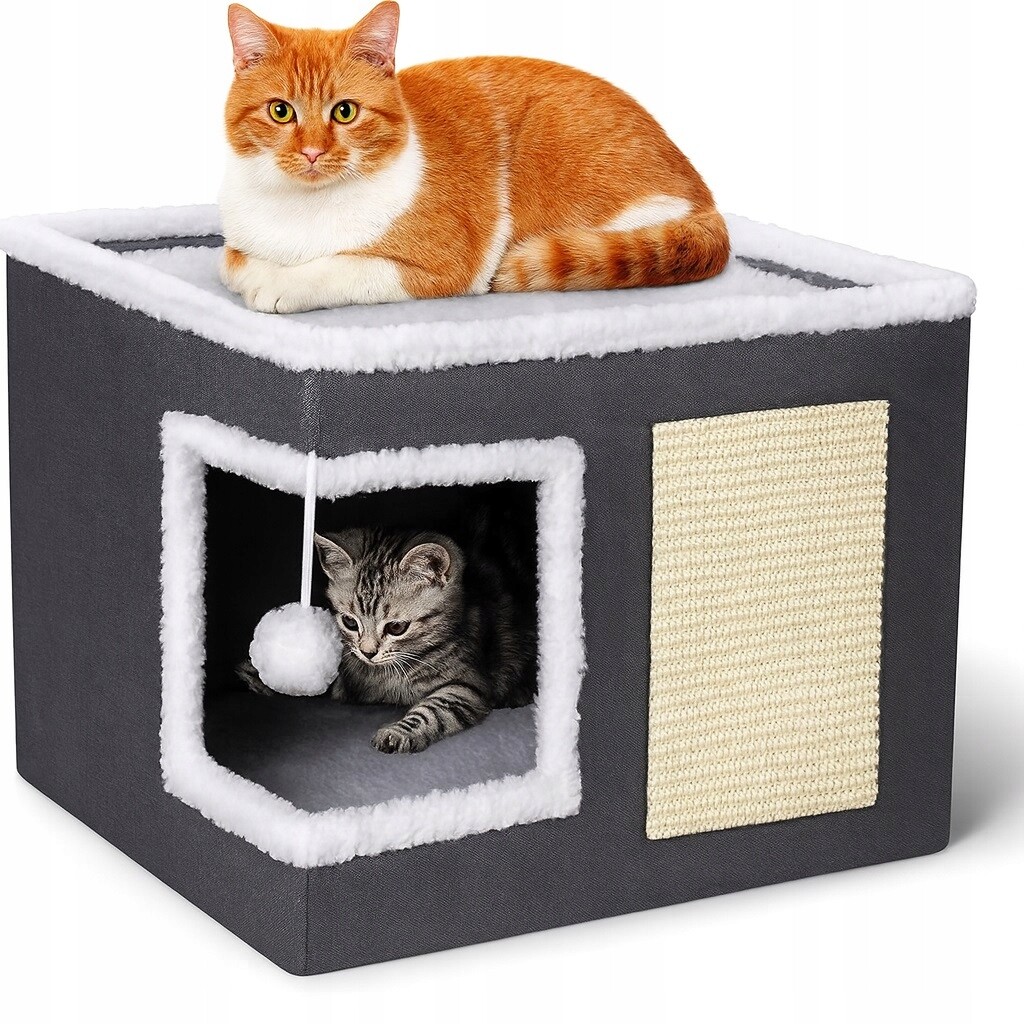 Pelíšek pro kočky 2v1 domeček škrabadlo s podložkou a hračkou 42x42x35 cm (I700)