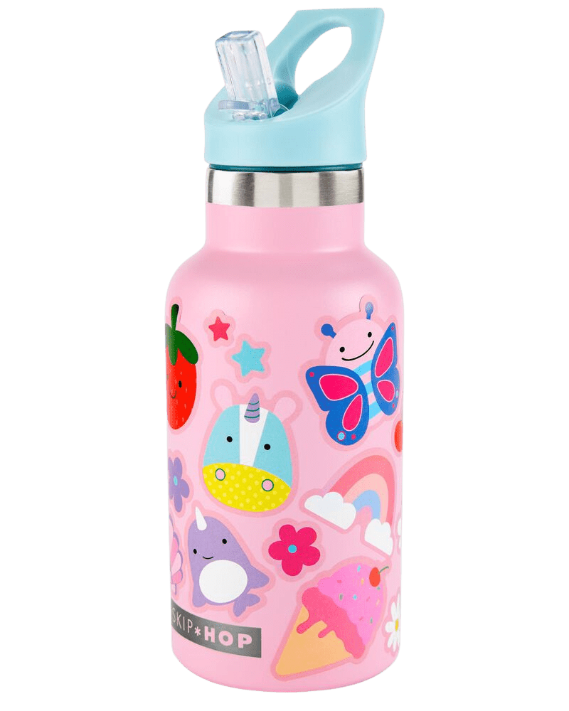 SKIP HOP Láhev s nálepkami se slámkovým náústkem nerezová ružová 4r+, 380 ml