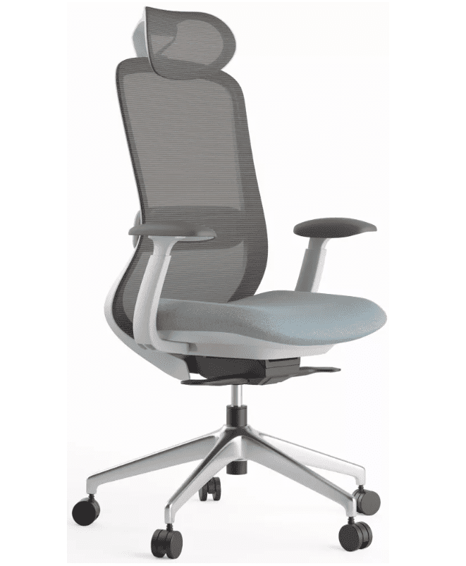 Kancelářská ergonomická židle BESSEL s podhlavníkem — síť, šedý plast, nosnost 120 kg, modrá