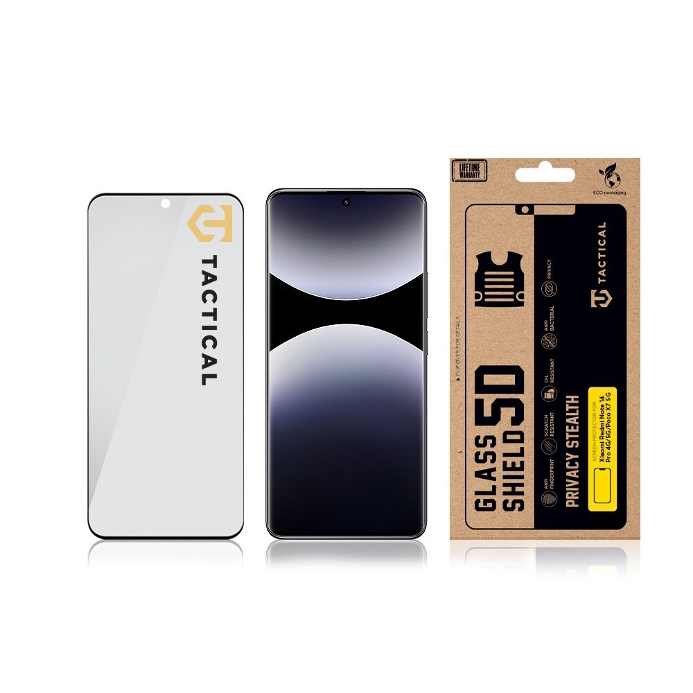 Ochranné sklo Tactical Glass Shield Privacy Stealth 5D pro Xiaomi Redmi Note 14 Pro 4G/5G/Poco X7 5G, černá