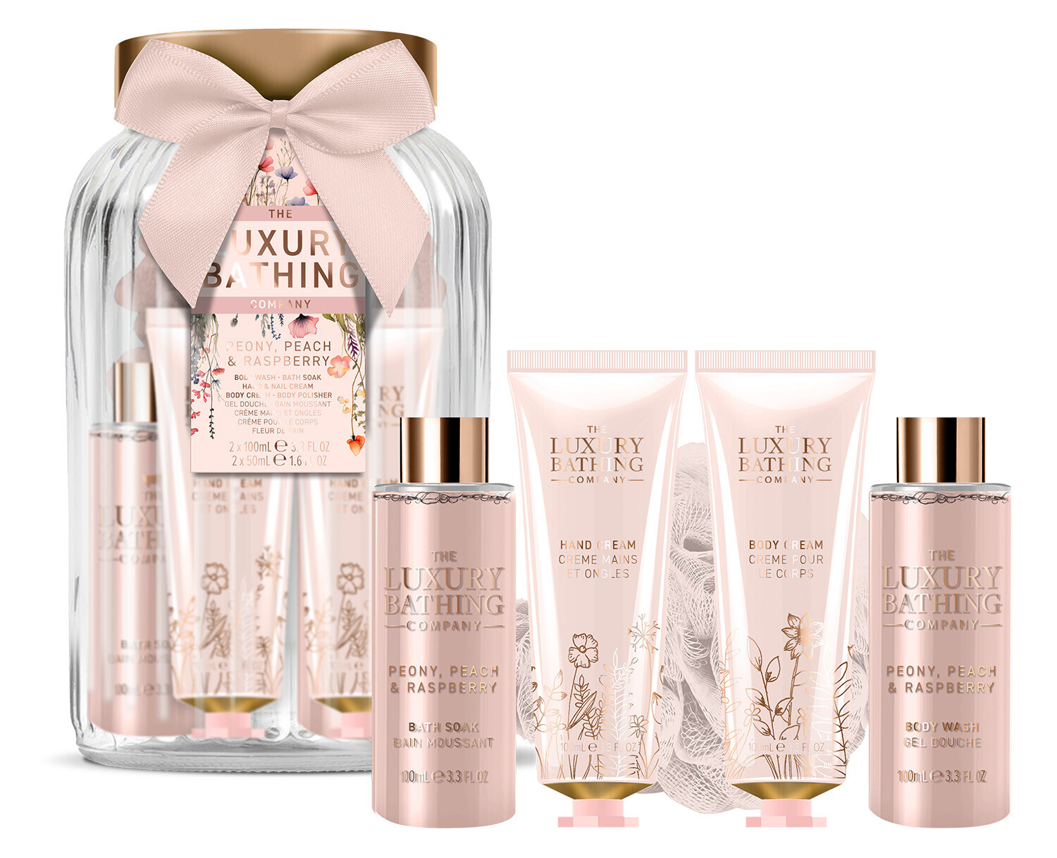 The Luxury Bathing Company Dárková sada ve skleněné dóze Pivoňka, Broskev & Malina 5 ks