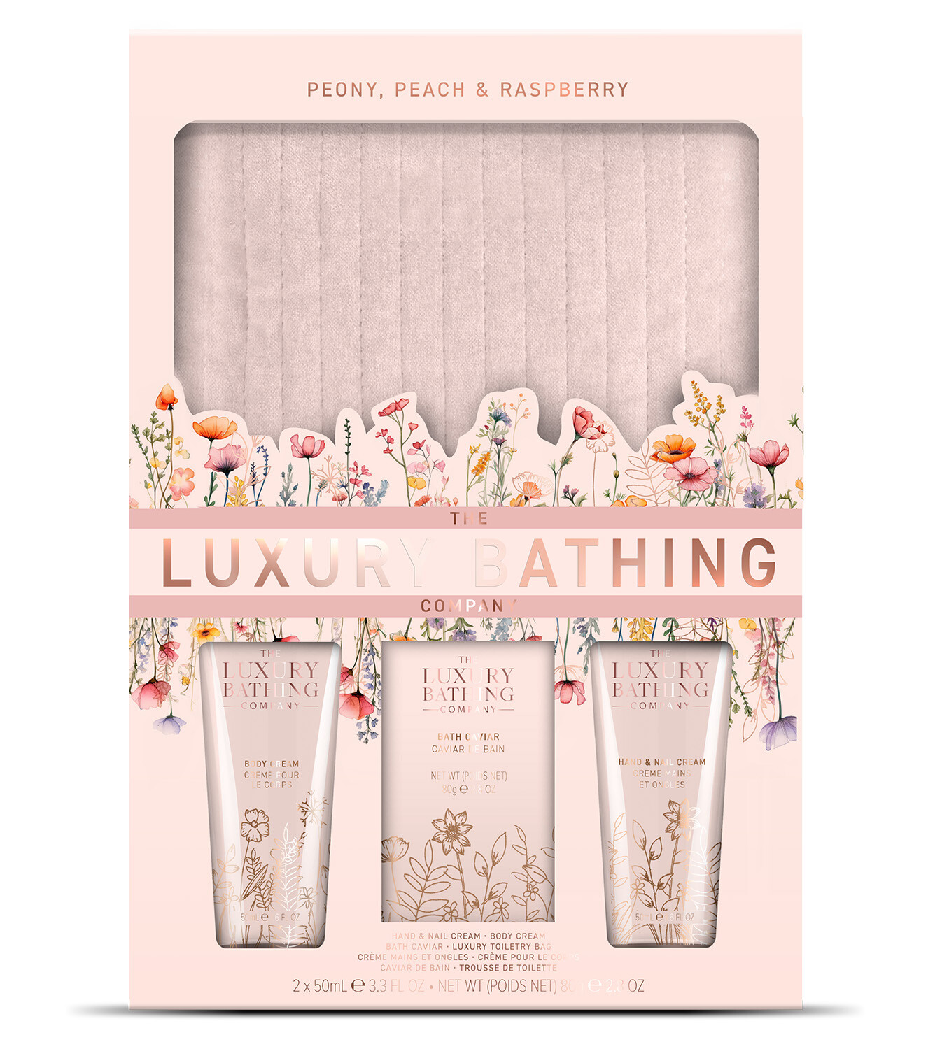 The Luxury Bathing Company Dárková sada péče o tělo s kosmetickou taškou Pivoňka, Broskev & Malina 4 ks