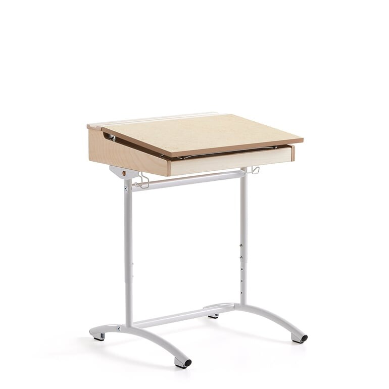 Školní lavice ACCESS, 650x550 mm, nastavitelná výška, bílé nohy, akustické linoleum, béžová/bříza