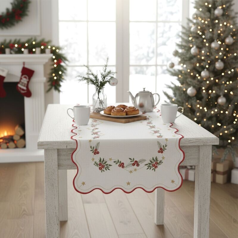 Ubrus Vánoční, Vánoční bobule červenozlaté, bílý 30 x 45 cm