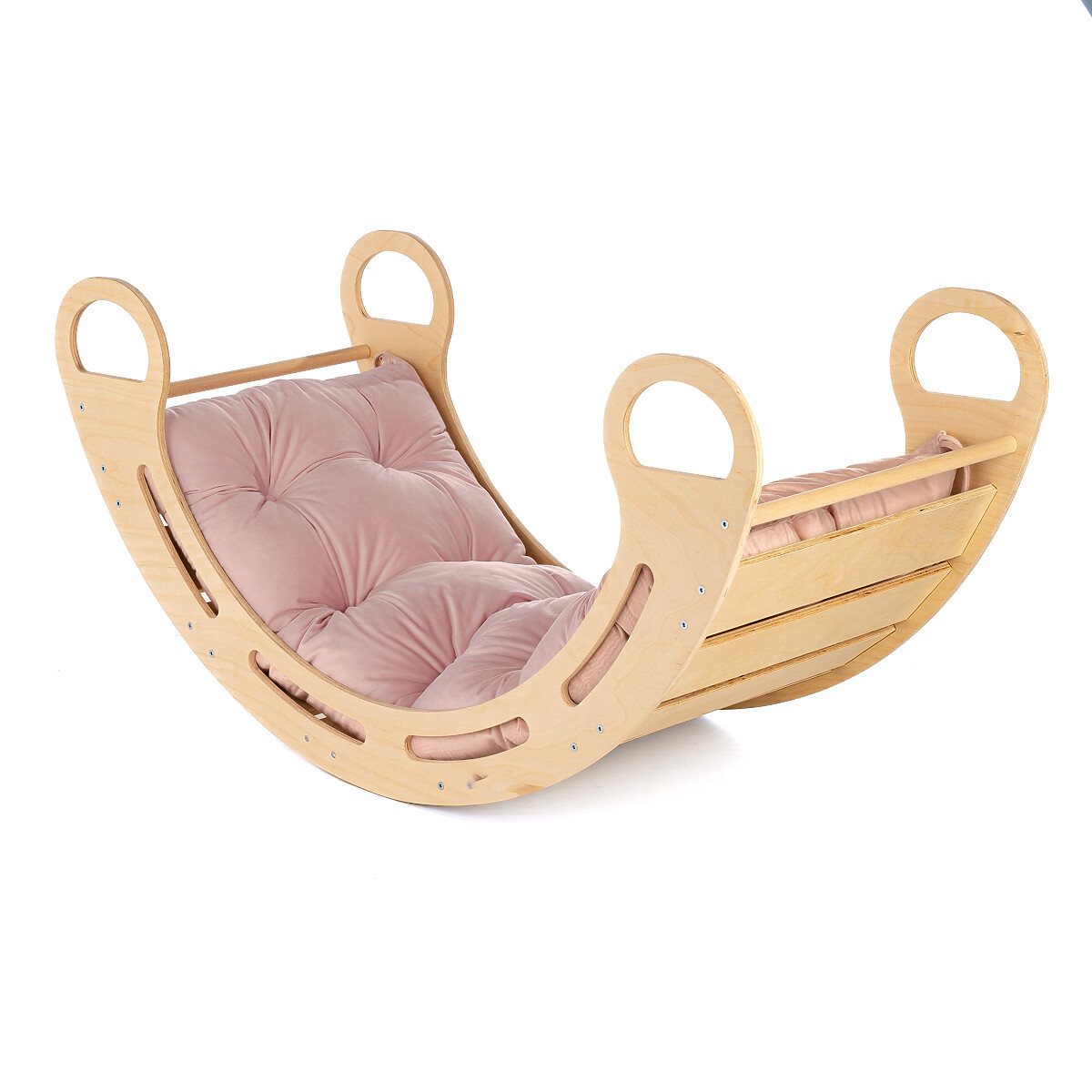 Dřevěná montessori houpačka s růžovým polštářem - 100 cm