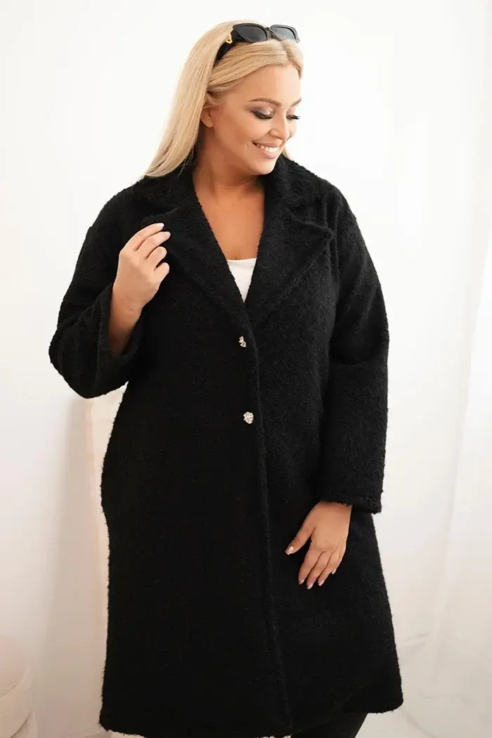 Kesi Włoski Dámský kabát Plus Size s vlnou a velkým límcem černý