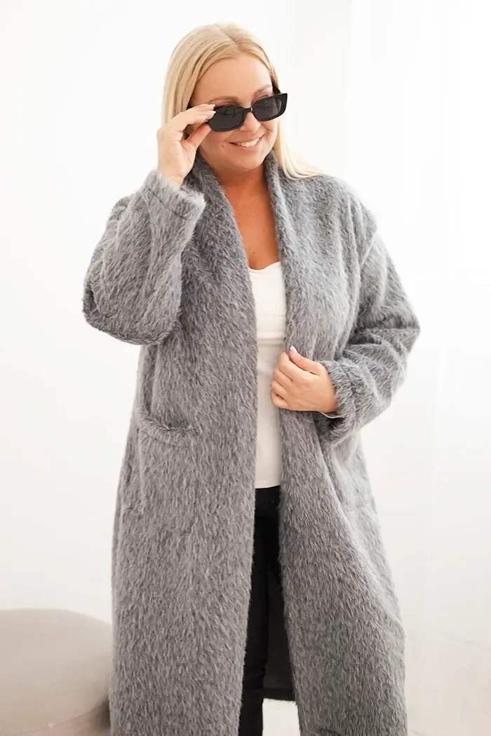 Kesi Włoski Dámský kabát Plus Size z viskózy bez zapínání s kapsami šedý