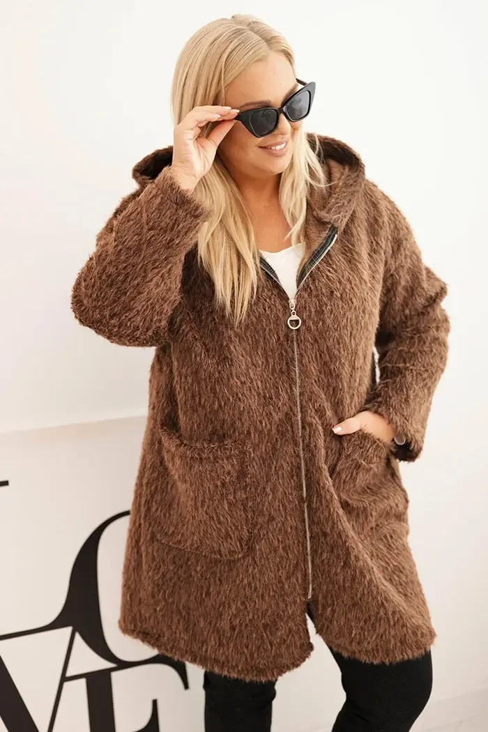 Kesi Włoski Dámský kabát Plus Size z viskózy na zip s kapucí hnědý