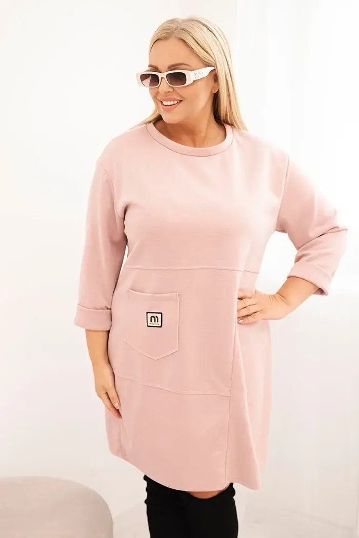 Kesi Włoski Dámské šaty Plus Size máslo s kapsou a rukávem 3/4 pudrově růžová