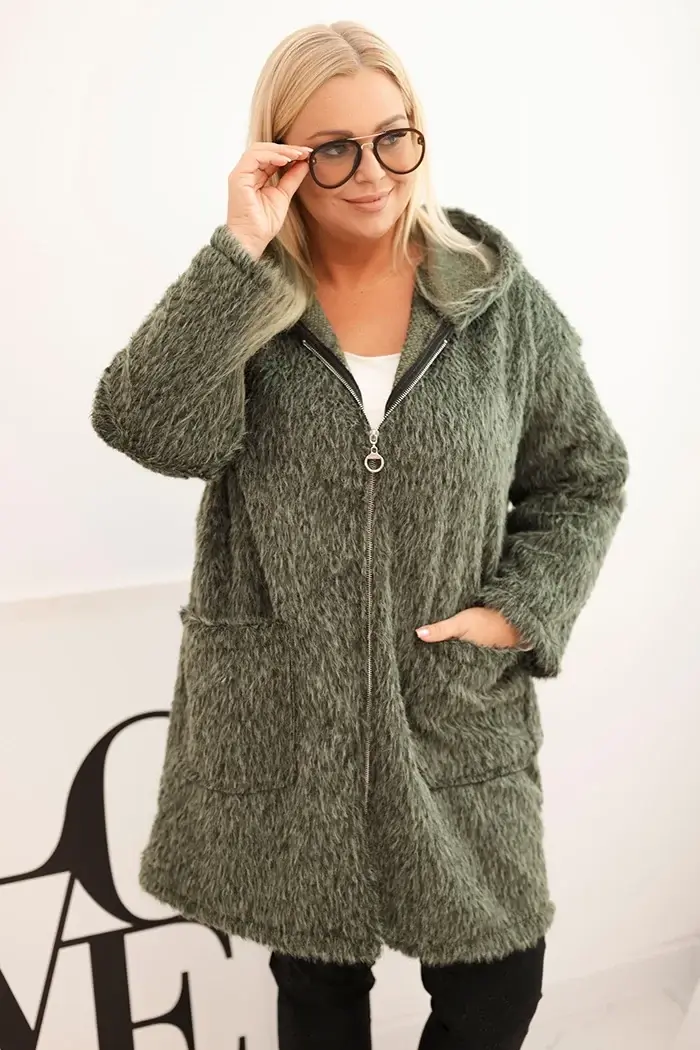 Kesi Włoski Dámský kabát Plus Size z viskózy na zip s kapucí khaki