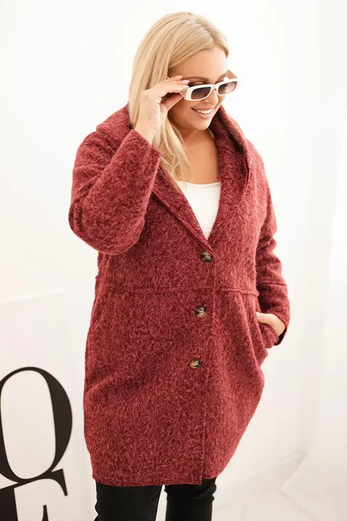 Kesi Włoski Dámský kabát Plus Size s kapucí a kapsami bordový