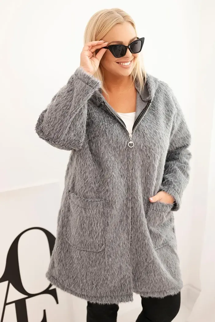 Kesi Włoski Dámský kabát Plus Size z viskózy na zip s kapucí šedý