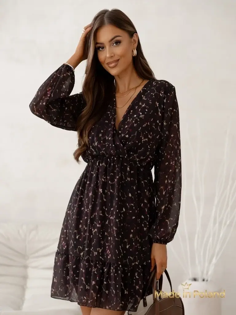 Resti Patterned Women's mini dress with ruffles and wrap neckline