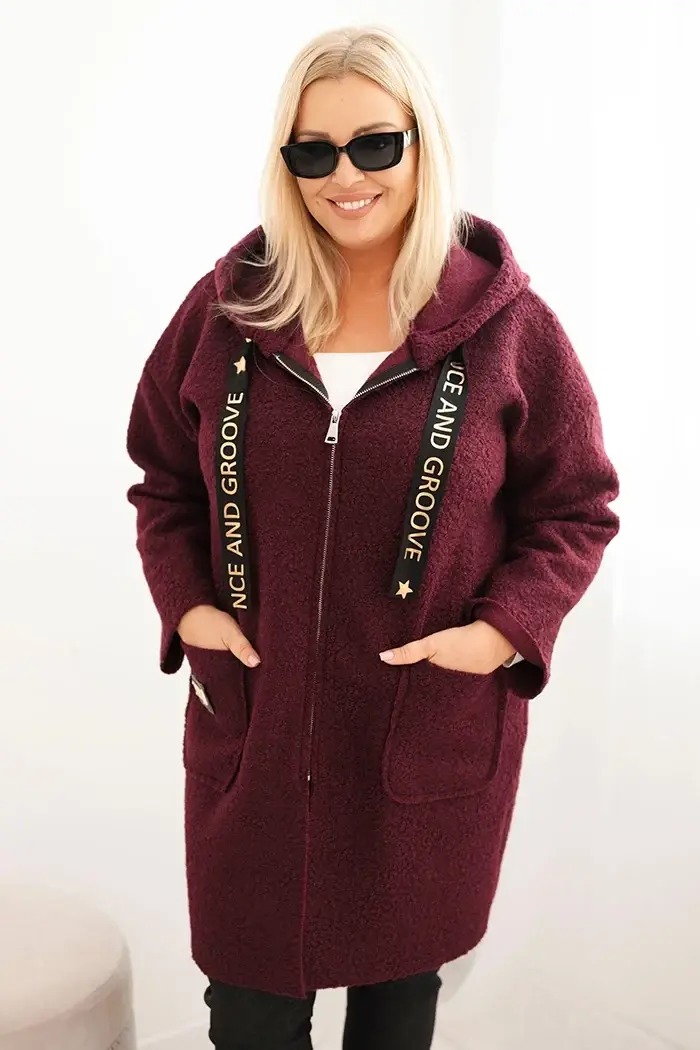 Kesi Włoski Dámský kabát Plus Size z umělé beránkové látky s kapucí a kapsami švestkový