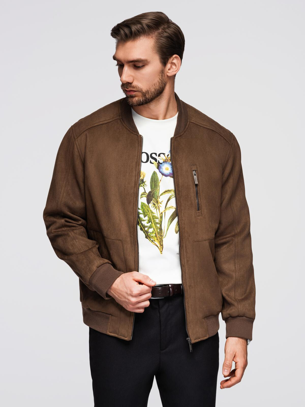 Ombre Men's imitation leather jacket with ribbed hem - dark brown