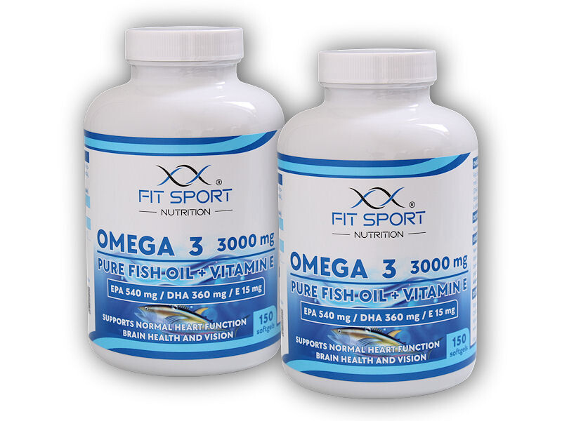 FitSport Nutrition 2x Omega 3 3000mg Pure Fish Oil + Vitamin E 150 softgels - Rybí olej