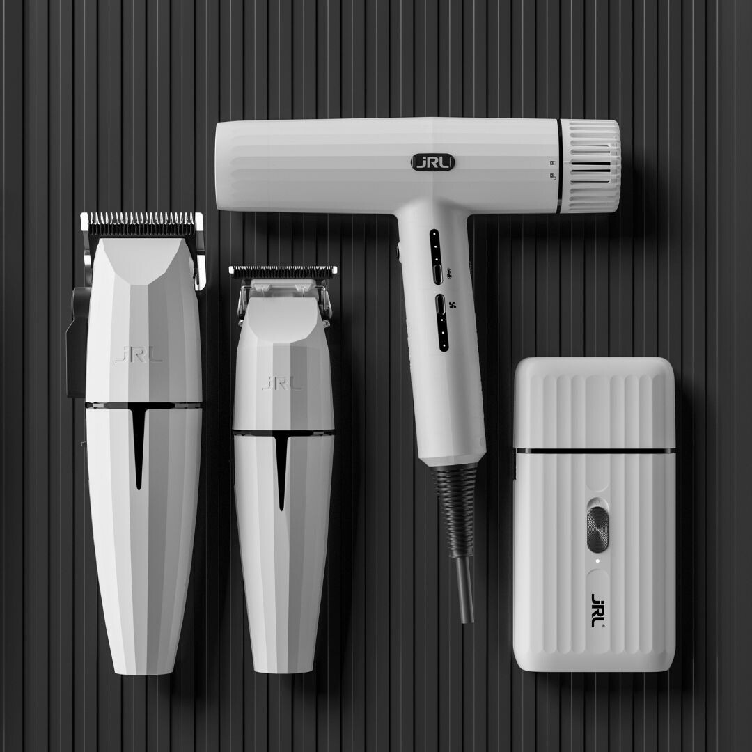 ROZBALENÉ BALENÍ: JRL GHOST 3 - akumulátorový střihací, konturovací a holicí strojek a fén Forte Pro v bílé barvě