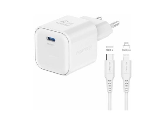 Swissten síťový adaptér gan 1x usb-c 20w power delivery bílý + datový kabel usb-c/lightning 1,2 m