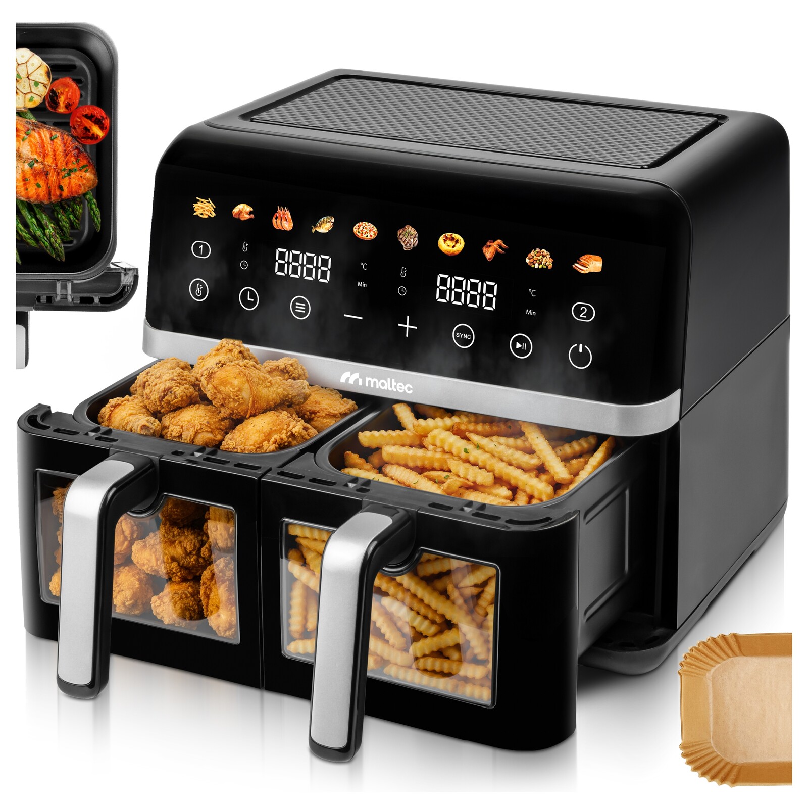 Beztuková Fritéza 10 L Air Fryer, Dvoukomorová Fritéza 2800 W, Tácky