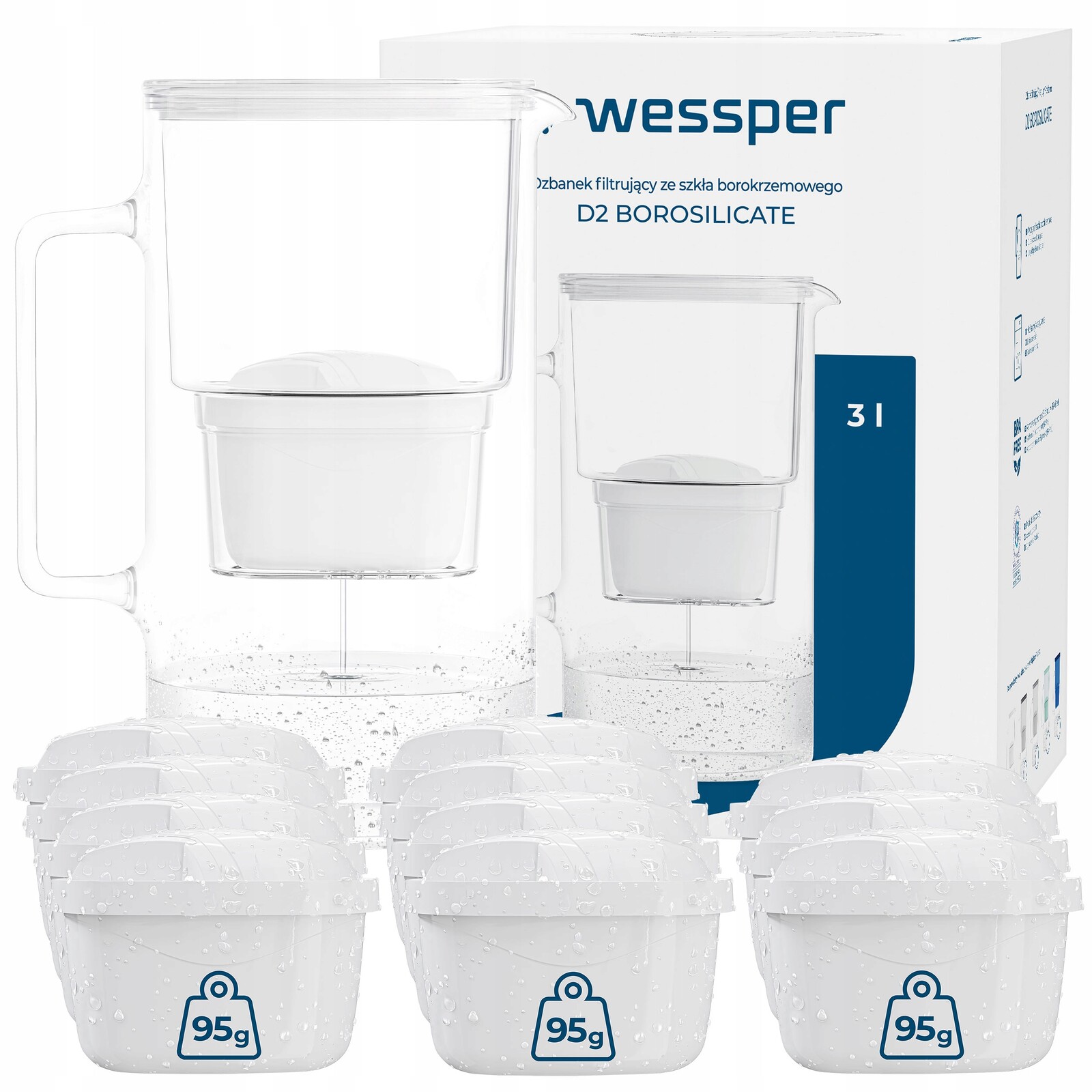 Filtrační konvice skleněná Wessper D2 Borosilicate 3 l 12 x vodní filtr