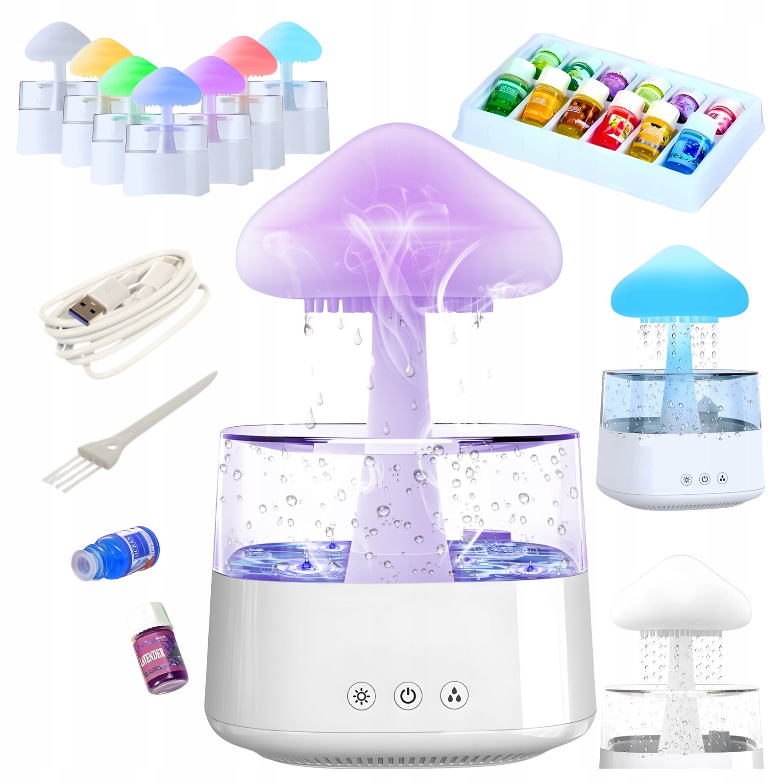 Zvlhčovač vzduchu Grzybek Dešťový efekt 450 ml Noční Lampa Bílý šum