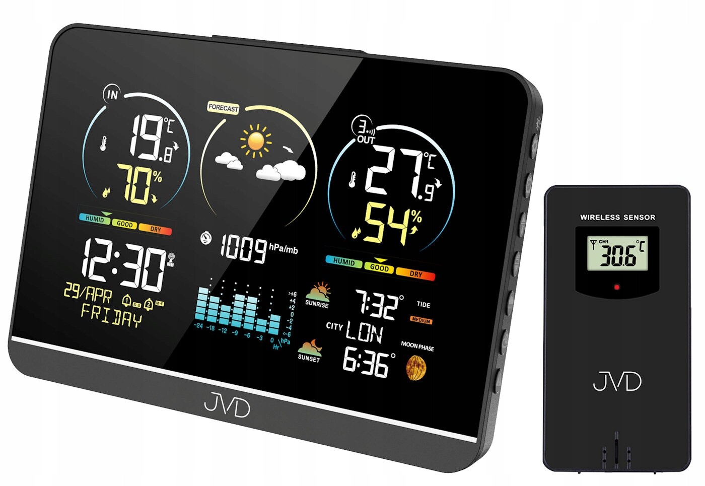 Meteostanice Jvd RB3408 Sonda Alarmy Počasí Teplota Vlhkost Měsíc