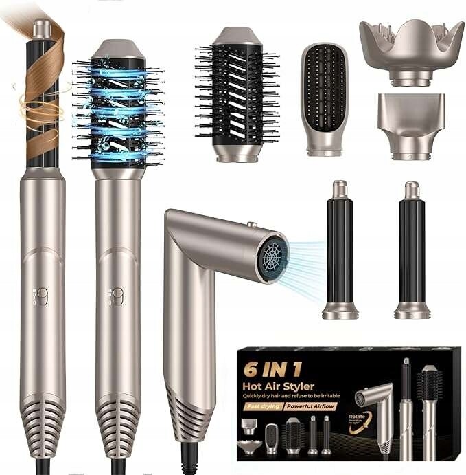 fén na úpravu vlasů 6v1 1000W 7 nástavců zlatá barva