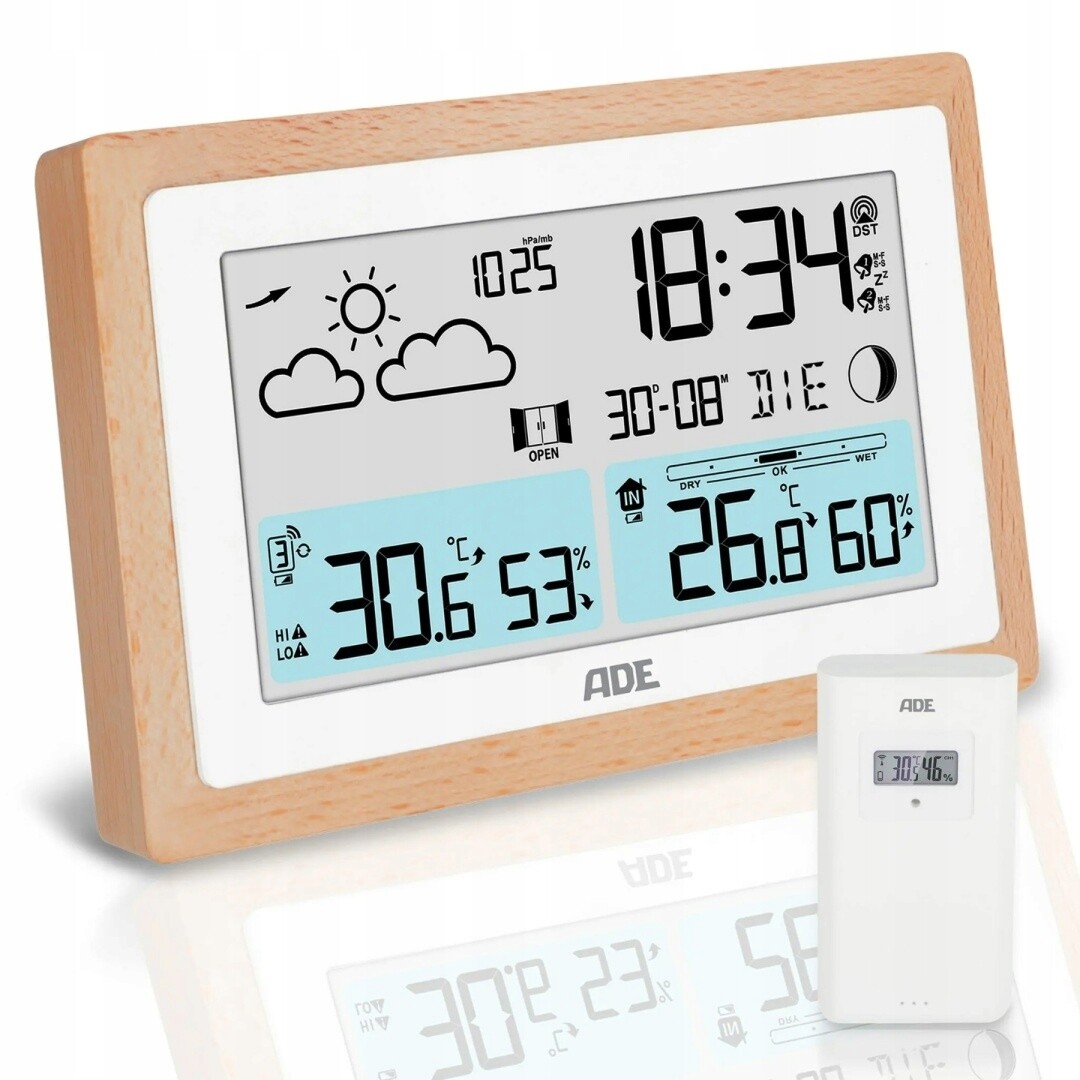 Elektronická meteorologická stanice Ade s dřevěným rámem 13 x 4 x 8,5 cm