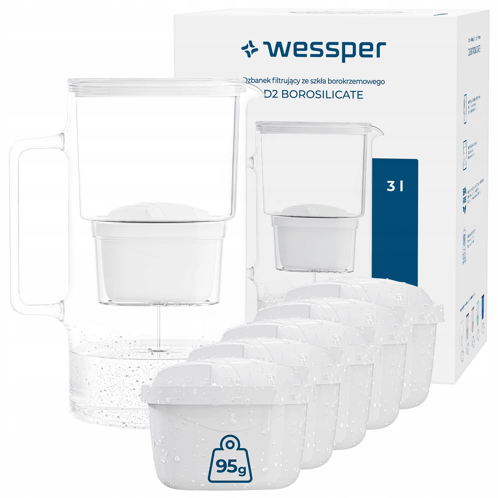 Skleněná filtrační konvice Wessper D2 Borosilicate 3l Bílá 6x filtr