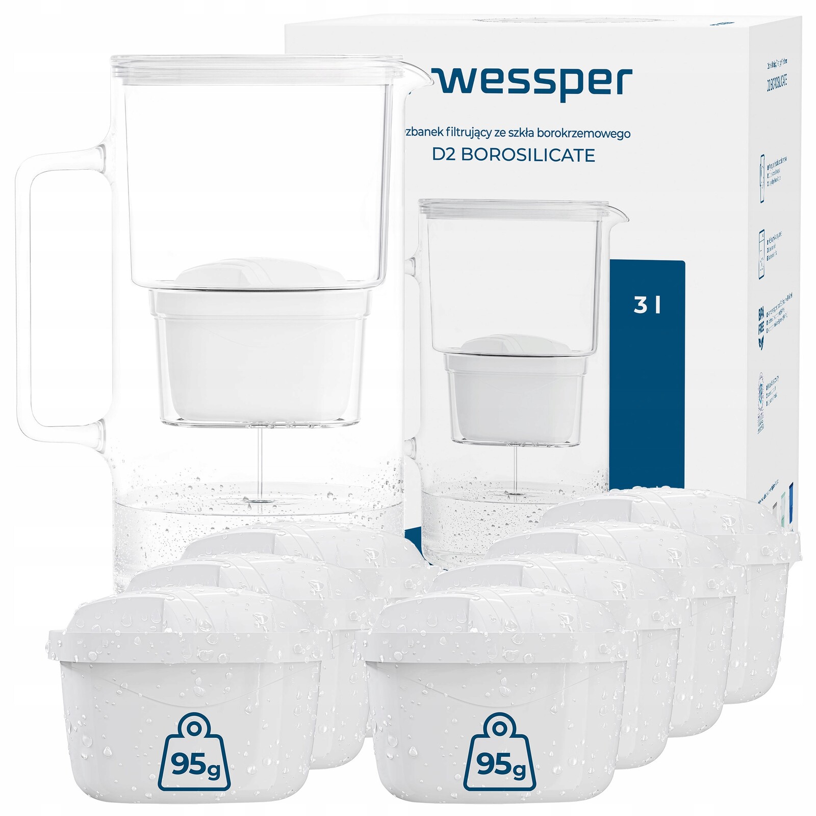 Filtrační konvice skleněná Wessper D2 Borosilicate 3l bílá 8x filtr