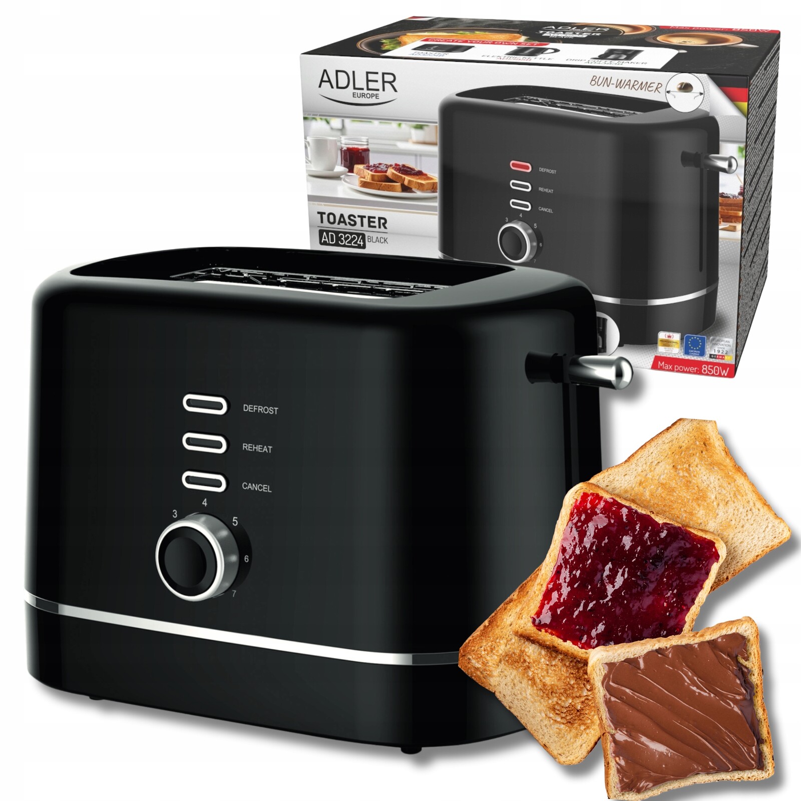 Toustovač elektrický opékač 7 úrovní opékání Rozmrazování Adler AD3224