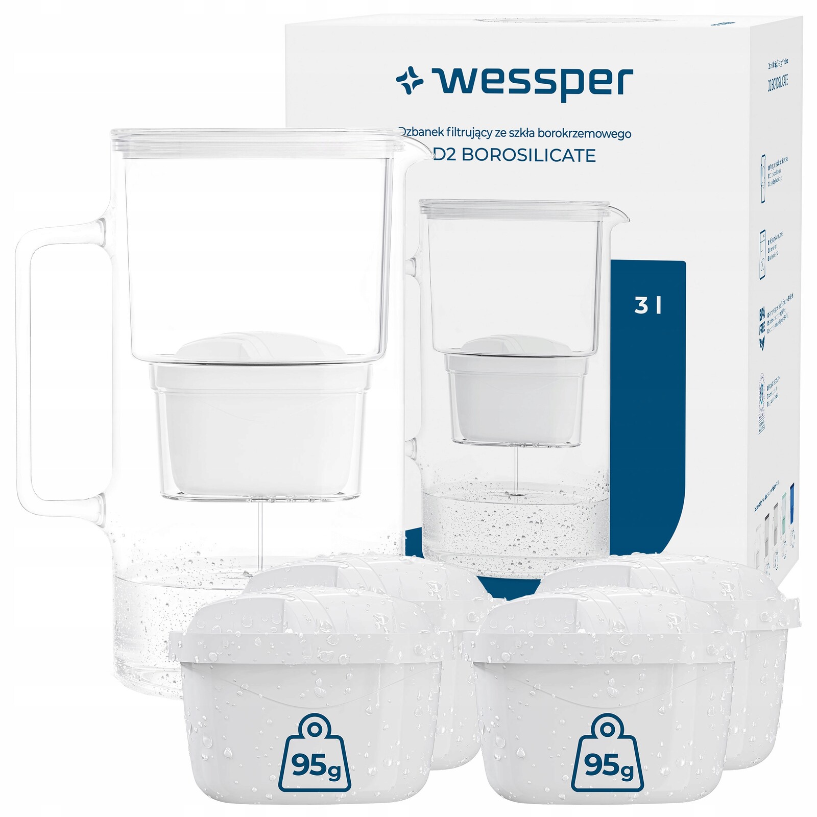 Skleněná filtrační konvice Wessper D2 Borosilicate 3 l Bílá 5x filtr