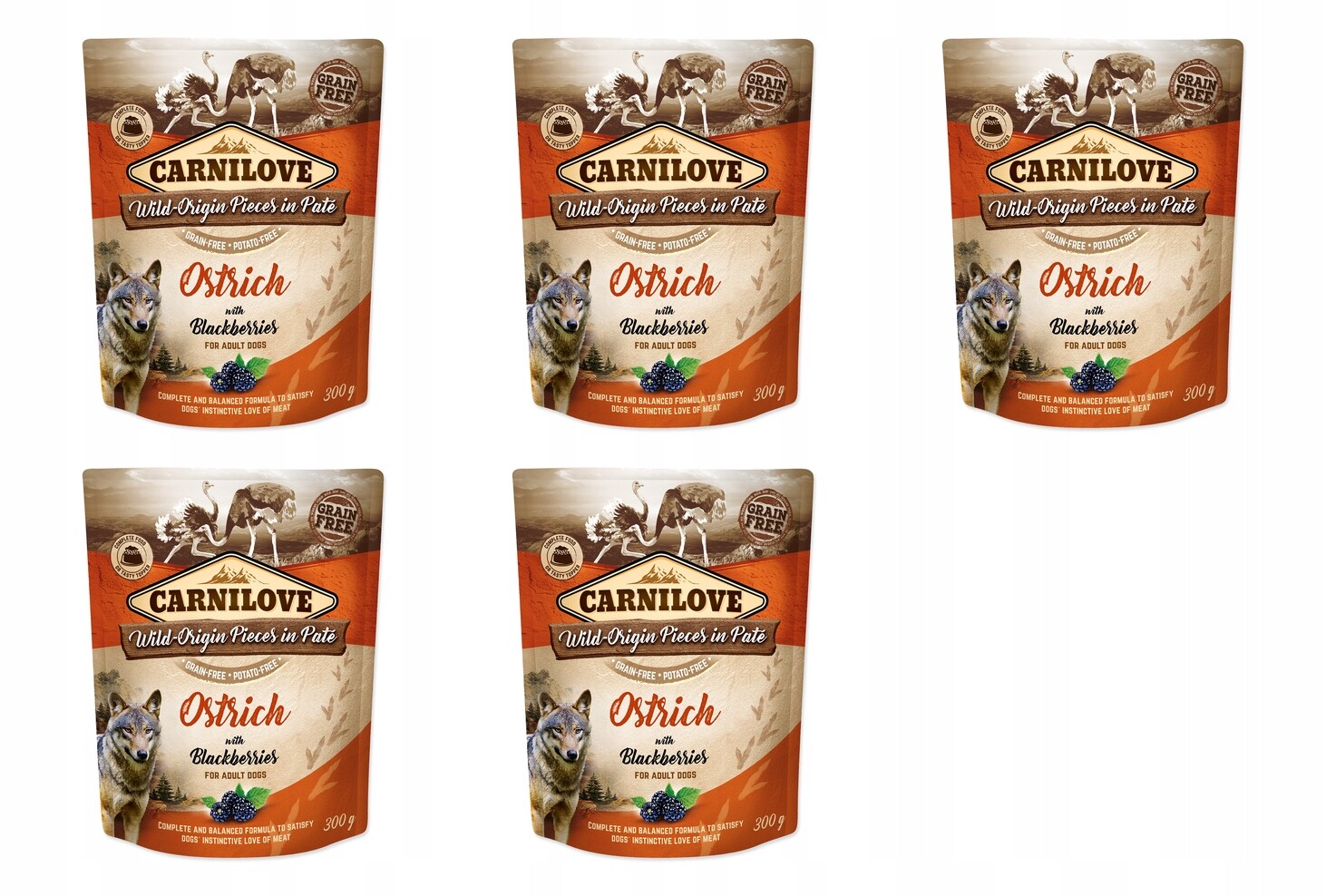 Kapsička Carnilove Dog pštros s ostružinami, paté 300g balení 5 ks