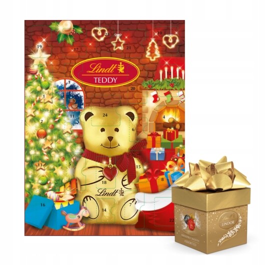 Sada Lindt Adventní kalendář Teddy a pralinky Lindor assorted cube 245 g