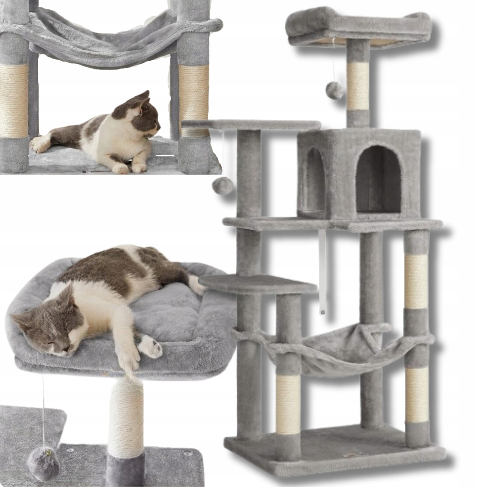 Škrabadlo 143 cm, víceúrovňový domeček pro kočky, 2 plošiny, houpací síť, šedá jeskyně