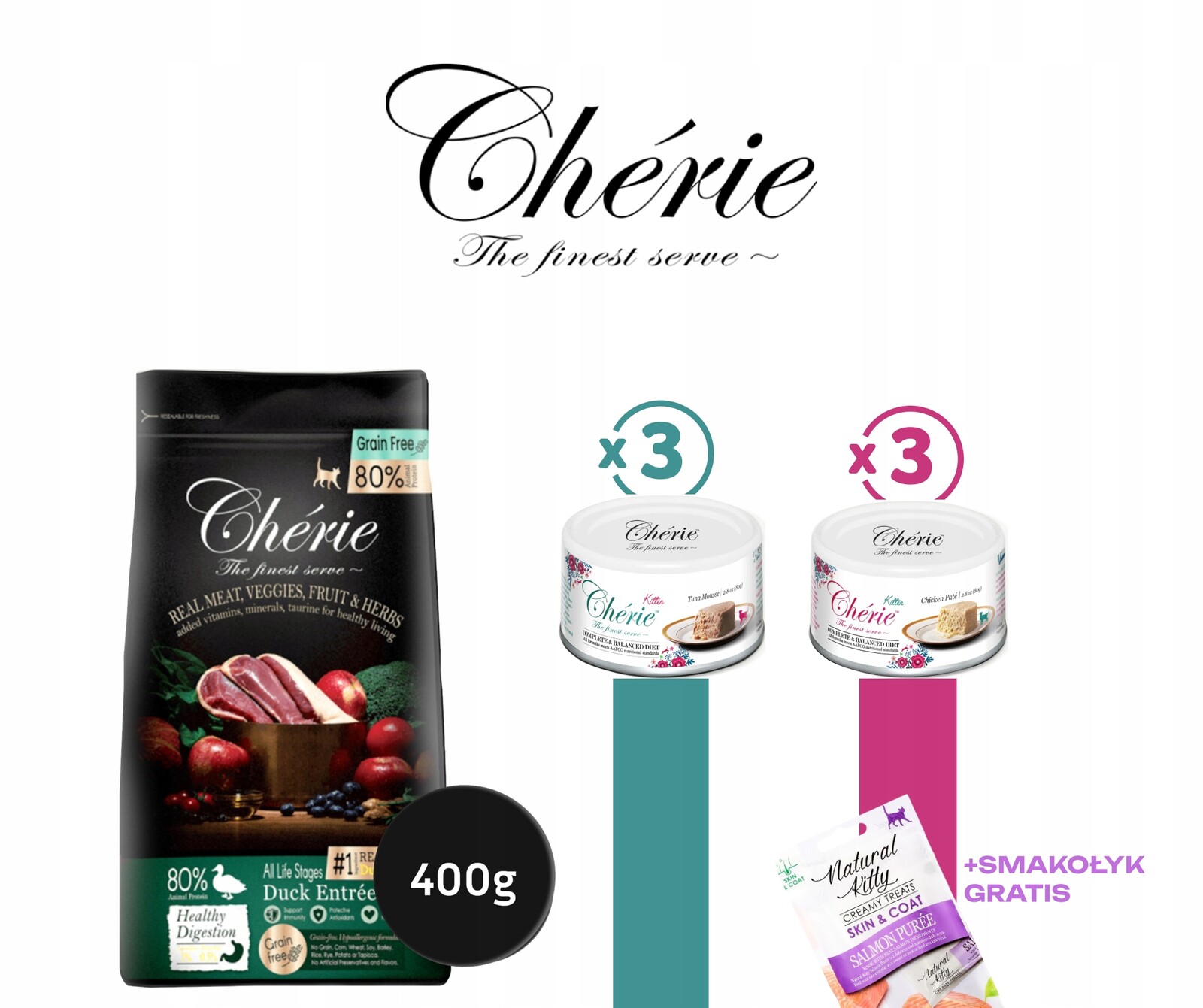 Cherie Start Pack pro koťata vyvážená sada suché krmivo mokré krmivo Dárek