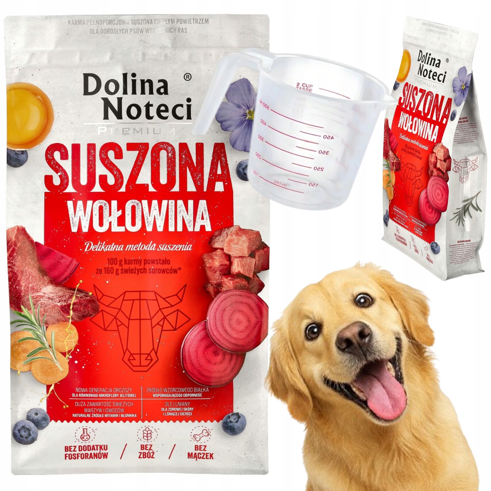 Krmivo krmivo pro psy 9 kg Dolina Noteci Cup odměrky Bonus sušené hovězí maso