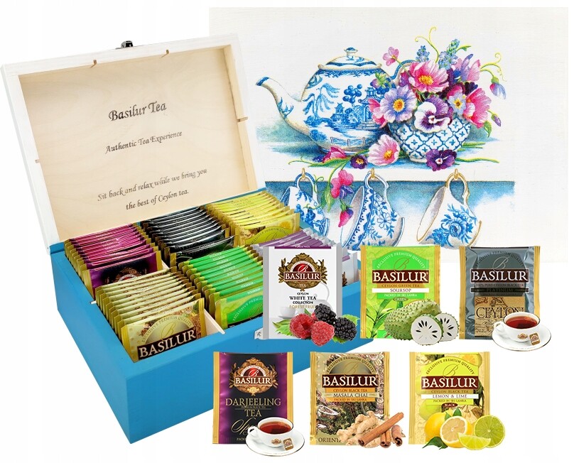 Sada čajů Basilur 60 sáčků 6 Příchutí čajník ze dřeva S Šálky